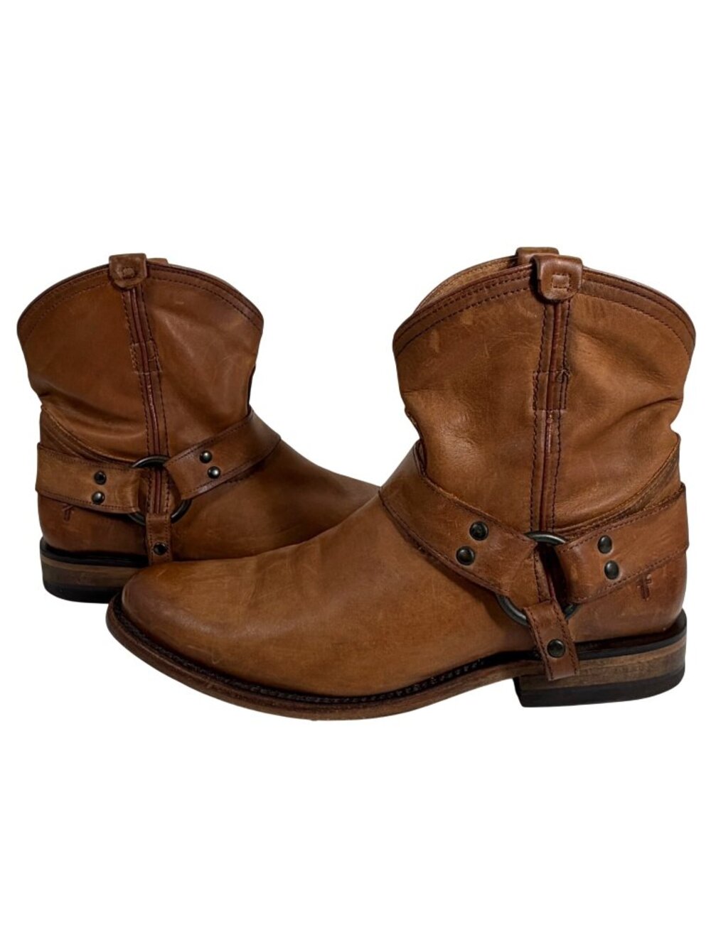 Frye Wyatt Harness Cognac Brown Distressed Pull On Ankle Boots Womens 8.5 EUC